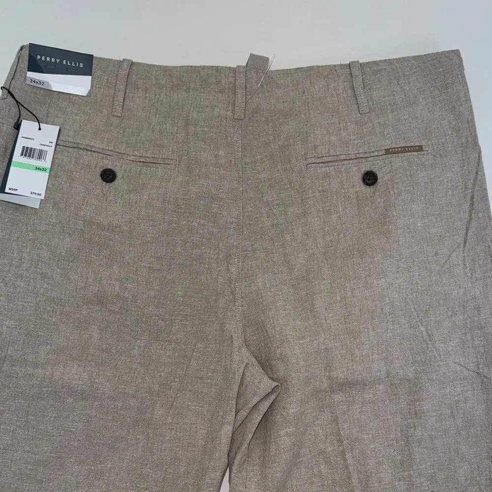 🔥Perry Ellis Light Tan Chinos Sz 38 X 30 New LINEN BLEND DRAWSTRING PANT